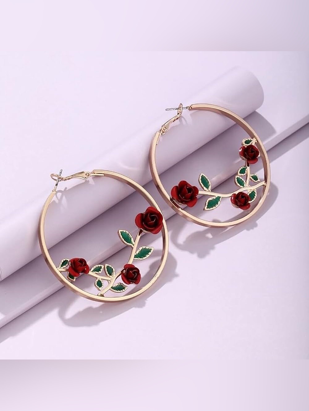 Gold Hoop Statement Earrings Red Rose Floral Boho Bold Romantic Jewelry - Picture 3 of 6